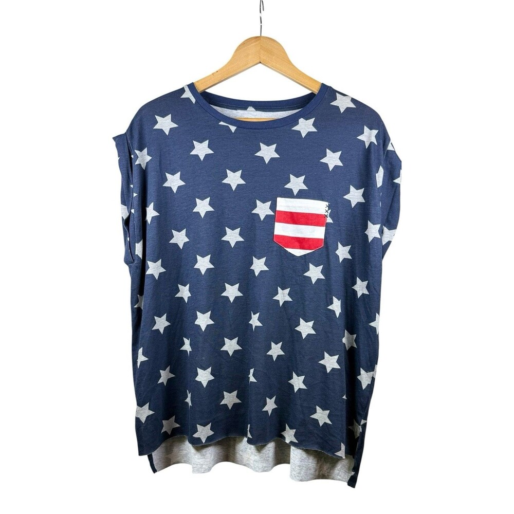 American Pride XL Patriotic Stars & Stripes Pocket Top USA Flag Blue Casual Tee